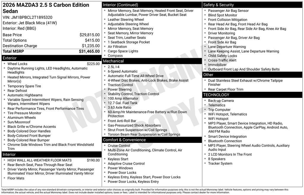2026 Mazda Mazda3 Sedan 2.5 S Carbon Edition AWD